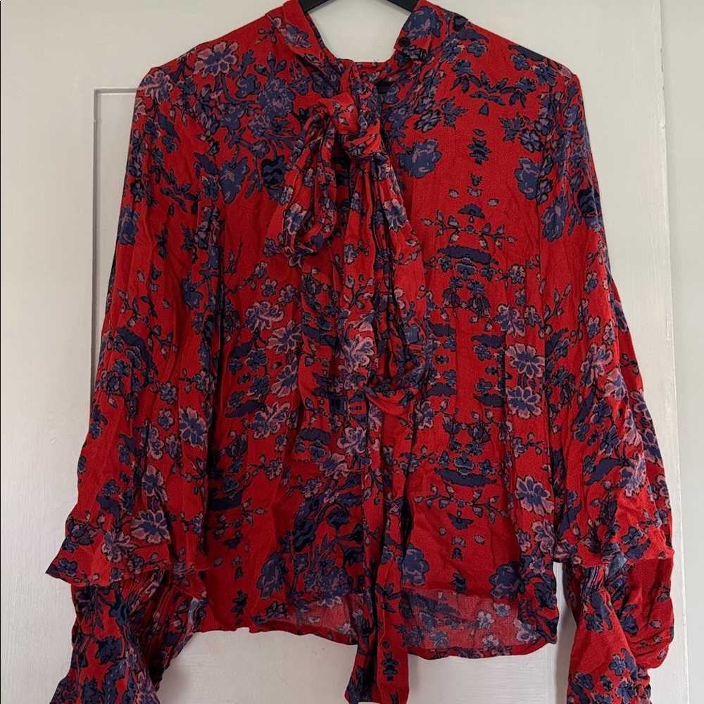 Mille Floral Red and Blue Blouse with Bow Tie